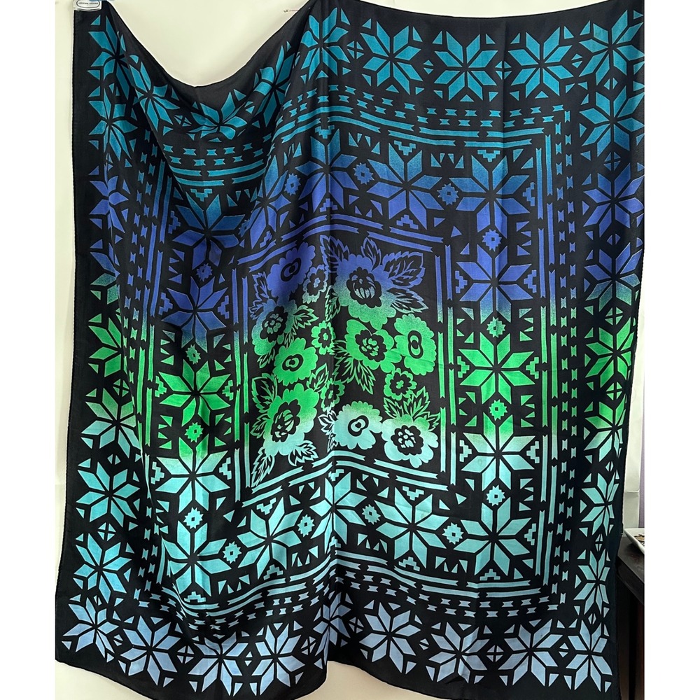 Adrienne Vittadini Silk Scarf Large Square Blue Green Floral Geometric Japan 44"